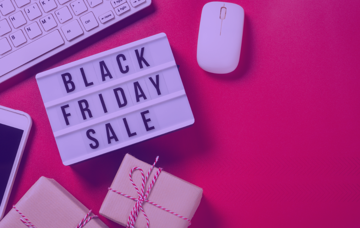 A Black Friday sale sign with a keyboard and mouse.