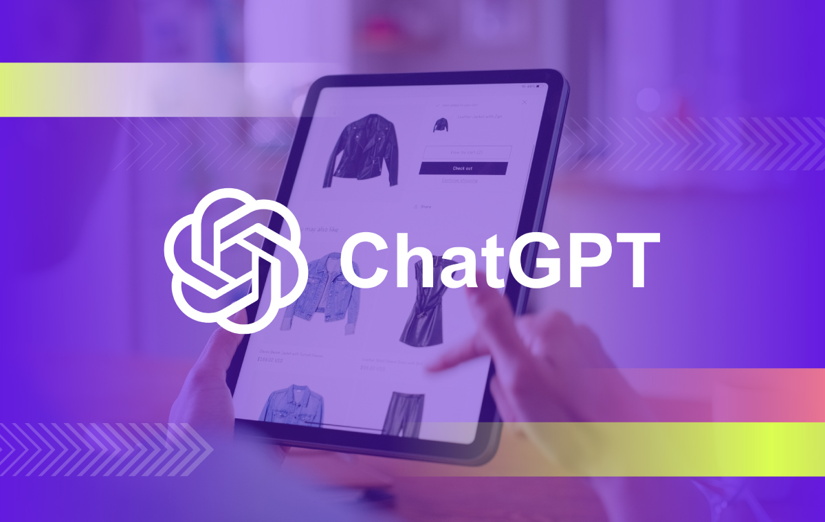 A tablet showing an eCommerce page with the ChatGPT logo overlayed.